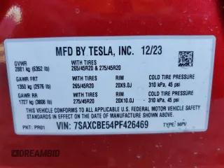 2023 Tesla Model X with VIN 7SAXCBE54PF426469, listed as a Copart auction lot 51019955 with Not Provided miles and Salvage Title. Bid and sale history available at DreamBid. Image 13.