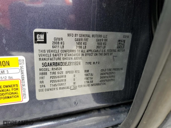 2014 Buick Enclave Leather with VIN 5GAKRBKD3EJ311824, listed as a Copart auction lot 82243714 with 159,844 mi miles and Salvage Title. Bid and sale history available at carsss.com. Image 14.