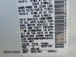 2013 Nissan Rogue SL with VIN JN8AS5MV4DW609424, listed as a Copart auction lot 54402455 with 148,966 mi miles and Non Repairable. Bid and sale history available at DreamBid. Image 14.
