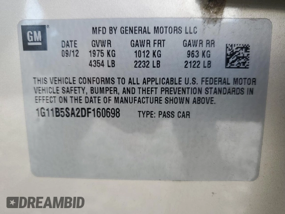 2013 Chevrolet Malibu LS with VIN 1G11B5SA2DF160698, listed as a Copart auction lot 56064975 with 59,122 mi miles and Clean Title. Bid and sale history available at DreamBid. Image 12.