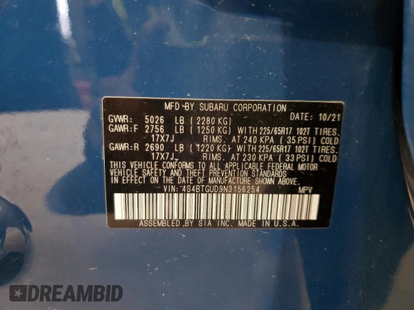 2022 Subaru Outback Wilderness with VIN 4S4BTGUD9N3156254, listed as a Copart auction lot 51008085 with 61,446 mi miles and Salvage Title. Bid and sale history available at DreamBid. Image 13.