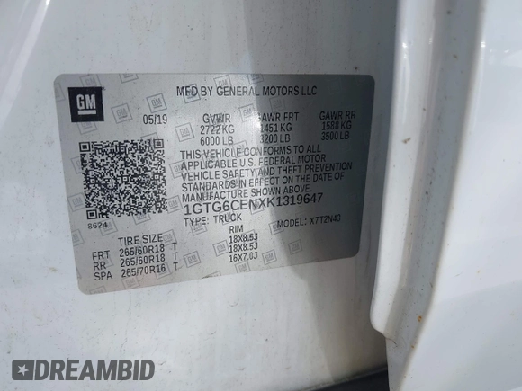 2019 GMC Canyon 4WD SLE z VIN 1GTG6CENXK1319647, wystawiony jako IAAI lot #42039568 z przebiegiem 56 371 mil mil oraz . Historia ofert i sprzedaży dostępna na DreamBid. Obrazek 9.