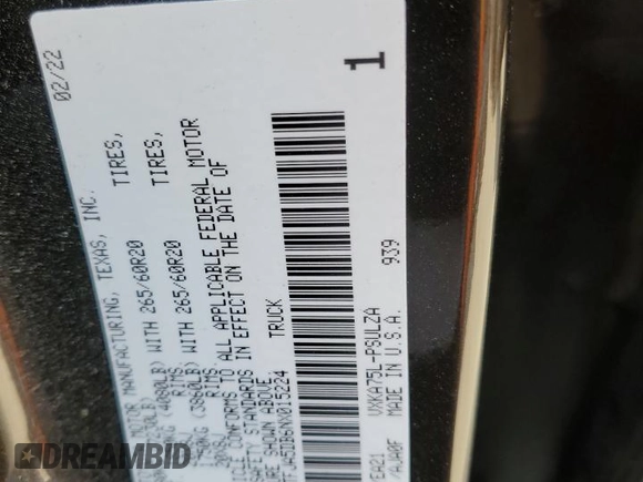 2022 Toyota Tundra Limited z VIN 5TFJA5DB6NX015224, wystawiony jako Copart lot #48236065 z przebiegiem 6 937 mil mil oraz Szkoda całkowita • Salvage title. Historia ofert i sprzedaży dostępna na DreamBid. Obrazek 15.