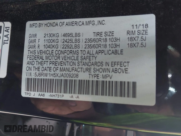2018 Honda CR-V EX with VIN 5J6RW1H5XJA009208, listed as a IAAI auction lot 41422179 with 63,586 mi miles. Bid and sale history available at carsss.com. Image 9.