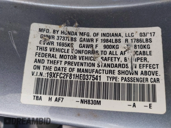 2017 Honda Civic Sedan EX with VIN 19XFC2F81HE037541, listed as a IAAI auction lot 41804761 with 119,550 mi miles. Bid and sale history available at carsss.com. Image 9.