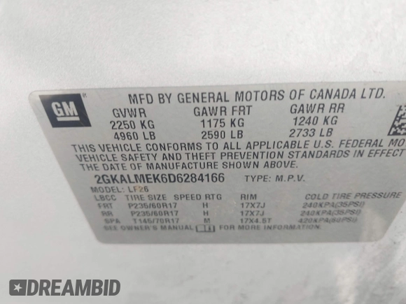 2013 GMC Terrain SLE with VIN 2GKALMEK6D6284166, listed as a IAAI auction lot 42578758 with 194,262 mi miles and . Bid and sale history available at DreamBid. Image 9.