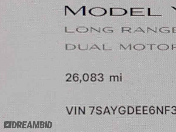 2022 Tesla Model Y Long Range with VIN 7SAYGDEE6NF318372, listed as a IAAI auction lot 41526857 with 26,083 mi miles and . Bid and sale history available at carsss.com. Image 15.