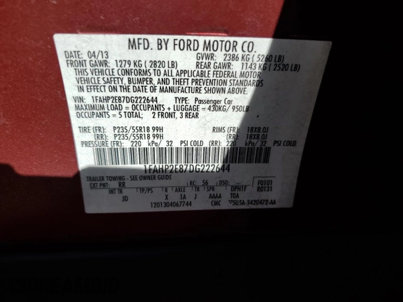 2013 Ford Taurus SEL with VIN 1FAHP2E87DG222644, listed as a Copart auction lot 51860615 with 134,583 mi miles and Salvage Title. Bid and sale history available at carsss.com. Image 14.