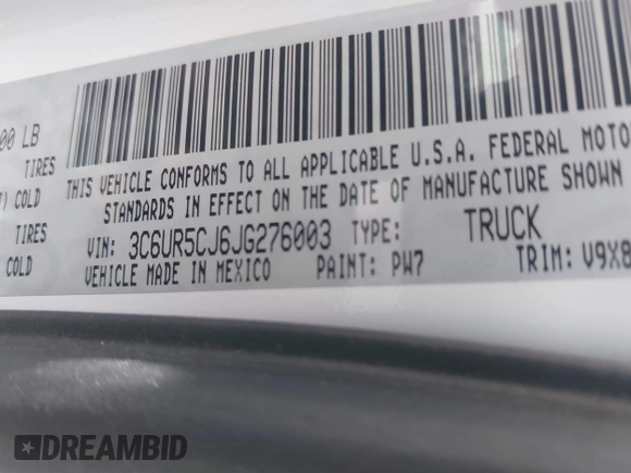 2018 Ram 2500 Tradesman with VIN 3C6UR5CJ6JG276003, listed as a IAAI auction lot 42128023 with 41,113 mi miles and . Bid and sale history available at DreamBid. Image 9.