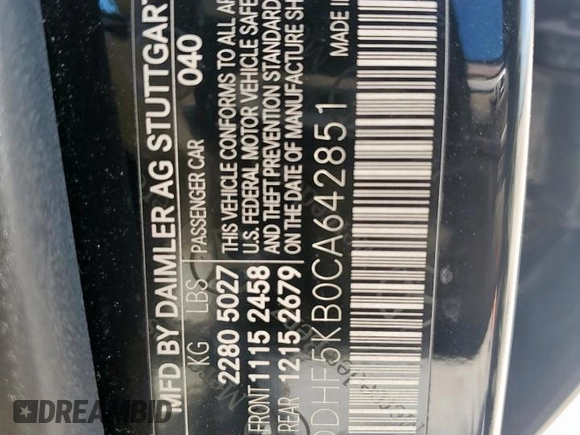 2012 Mercedes-Benz E 350 Luxury with VIN WDDHF5KB0CA642851, listed as a Copart auction lot 61457885 with 117,036 mi miles and Salvage title. Bid and sale history available at DreamBid. Image 12.