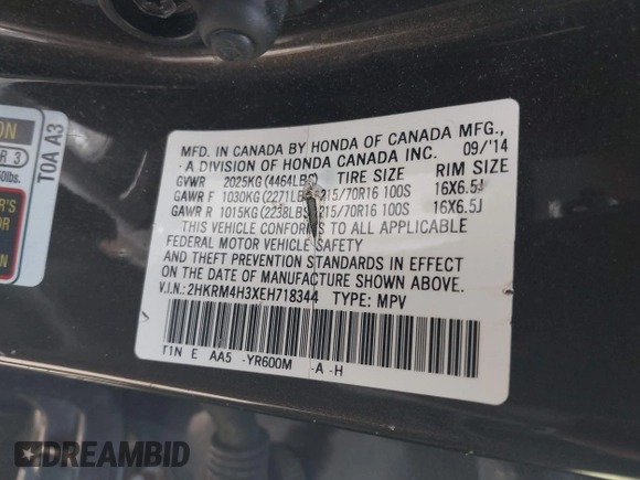 2014 Honda CR-V LX with VIN 2HKRM4H3XEH718344, listed as a IAAI auction lot 41906711 with 106,775 mi miles. Bid and sale history available at carsss.com. Image 9.