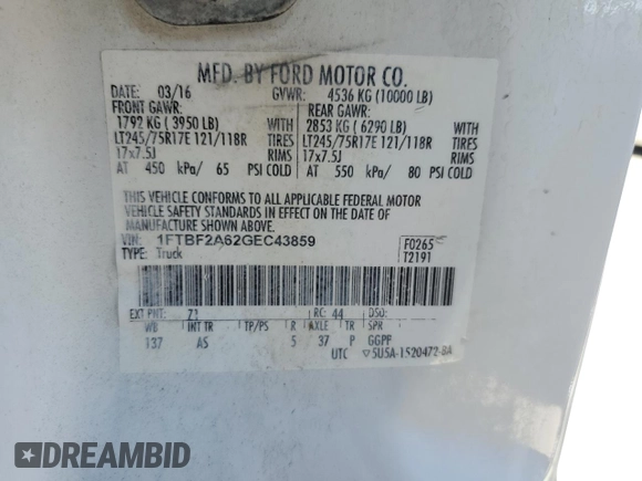 2016 Ford F-250 XL with VIN 1FTBF2A62GEC43859, listed as a Copart auction lot 75100794 with 91,371 mi miles and Salvage title. Bid and sale history available at DreamBid. Image 13.