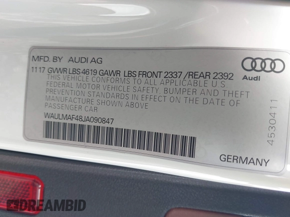 2018 Audi A4 Premium Plus with VIN WAULMAF48JA090847, listed as a IAAI auction lot 41389591 with 74,551 mi miles. Bid and sale history available at carsss.com. Image 9.