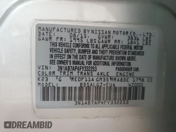 2015 Nissan Sentra SR with VIN 3N1AB7AP4FY332253, listed as a Copart auction lot 53729495 with 61,219 mi miles and Salvage Title. Bid and sale history available at DreamBid. Image 13.