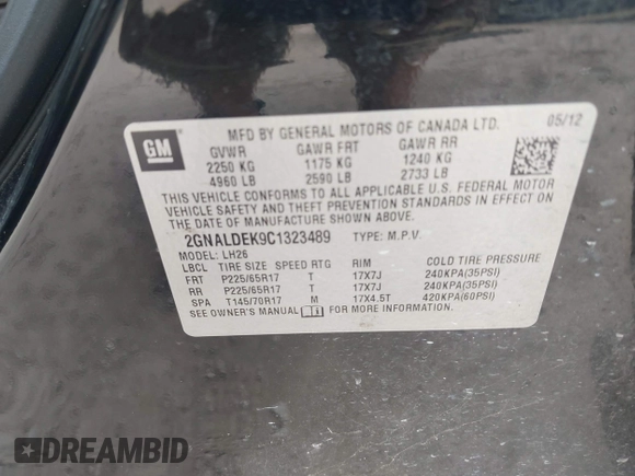 2012 Chevrolet Equinox 1LT z VIN 2GNALDEK9C1323489, wystawiony jako IAAI lot #42143366 z przebiegiem 183 934 mil mil oraz . Historia ofert i sprzedaży dostępna na DreamBid. Obrazek 9.