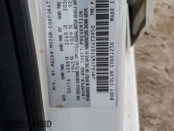 2016 Mazda Mazda6 i Grand Touring with VIN JM1GJ1W51G1473950, listed as a Copart auction lot 85241064 with 0 mi miles and Salvage Title. Bid and sale history available at carsss.com. Image 12.