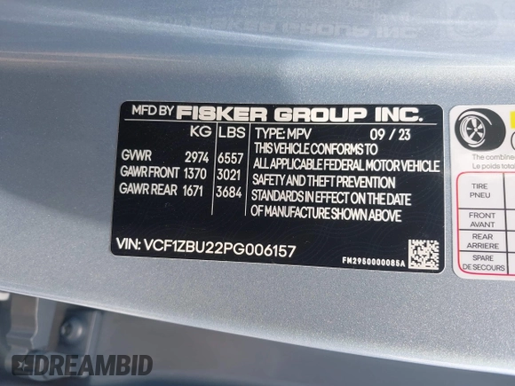 2023 Fisker Ocean One z VIN VCF1ZBU22PG006157, wystawiony jako IAAI lot #41887759 z przebiegiem 3322 mil mil oraz . Historia ofert i sprzedaży dostępna na DreamBid. Obrazek 9.