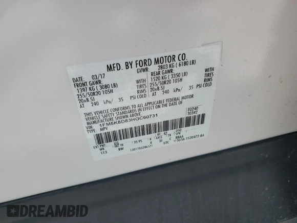 2017 Ford Explorer XLT z VIN 1FM5K8D83HGC60731, wystawiony jako Copart lot #61632765 z przebiegiem 63 521 mil mil oraz Szkoda całkowita • Salvage title. Historia ofert i sprzedaży dostępna na DreamBid. Obrazek 14.