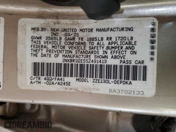 2005 Toyota Corolla CE with VIN 1NXBR32E55Z491413, listed as a Copart auction lot 65187665 with 183,008 mi miles and Clean title. Bid and sale history available at DreamBid. Image 12.
