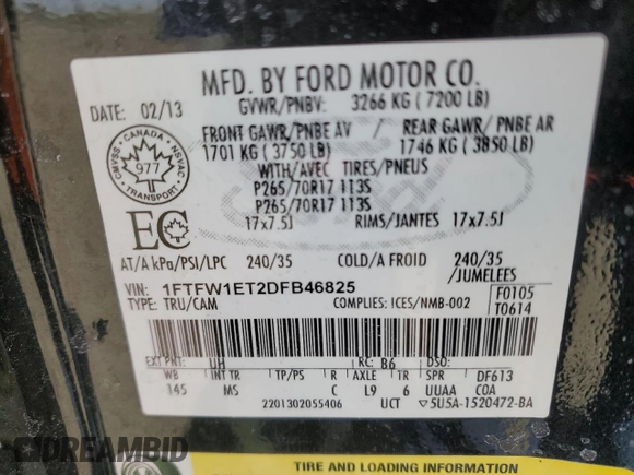 2013 Ford F-150 XL with VIN 1FTFW1ET2DFB46825, listed as a Copart auction lot 55166615 with 195,309 mi miles and Clean Title. Bid and sale history available at carsss.com. Image 12.