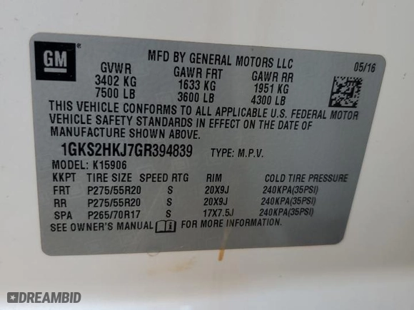 2016 GMC Yukon XL Denali with VIN 1GKS2HKJ7GR394839, listed as a Copart auction lot 52114765 with 122,308 mi miles and Salvage Title. Bid and sale history available at carsss.com. Image 13.
