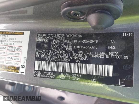 2017 Lexus GX 460 with VIN JTJJM7FX2H5161029, listed as a IAAI auction lot 41864434 with 145,562 mi miles and . Bid and sale history available at DreamBid. Image 9.