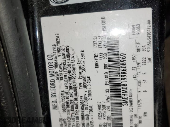 2009 Mercury Milan Premier z VIN 3MEHM08199R608969, wystawiony jako Copart lot #45586655 z przebiegiem 150 869 mil mil oraz Szkoda całkowita • Salvage title. Historia ofert i sprzedaży dostępna na DreamBid. Obrazek 12.