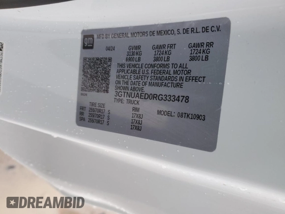 2024 GMC Sierra 1500 with VIN 3GTNUAED0RG333478, listed as a Copart auction lot 86540664 with 7,339 mi miles and Salvage Title. Bid and sale history available at DreamBid. Image 13.