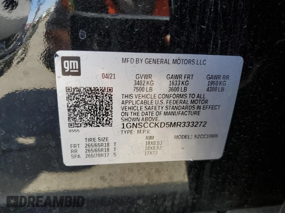 2021 Chevrolet Suburban LT z VIN 1GNSCCKD5MR333272, wystawiony jako Copart lot #58409275 z przebiegiem Nie podano mil oraz Szkoda całkowita • Salvage title. Historia ofert i sprzedaży dostępna na DreamBid. Obrazek 13.