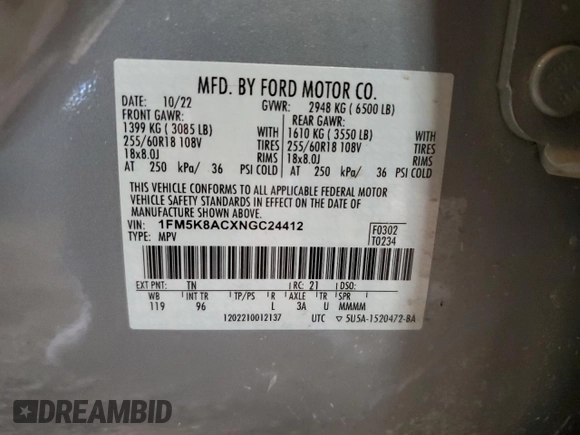 2022 Ford Explorer с VIN 1FM5K8ACXNGC24412, выставлен на аукционе Copart как лот 68872264 с пробегом Не указан миль и Списание • Salvage title. История ставок и продаж доступна на DreamBid. Изображение 13.
