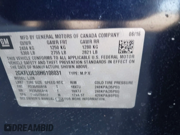 2017 GMC Terrain SLT with VIN 2GKFLUE38H6108031, listed as a IAAI auction lot 41711477 with 128,277 mi miles. Bid and sale history available at carsss.com. Image 9.