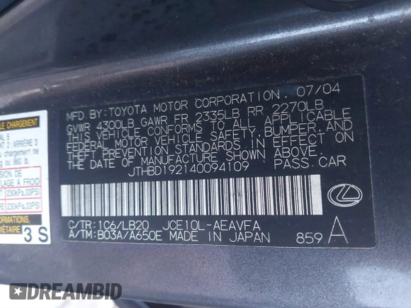 2004 Lexus IS 300/350 with VIN JTHBD192140094109, listed as a IAAI auction lot 41189464 with 357,801 mi miles and . Bid and sale history available at carsss.com. Image 9.
