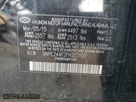 2015 Hyundai Sonata 2.4L SE with VIN 5NPE24AF2FH202103, listed as a Copart auction lot 43662165 with 151,058 mi miles and Clean Title. Bid and sale history available at carsss.com. Image 12.