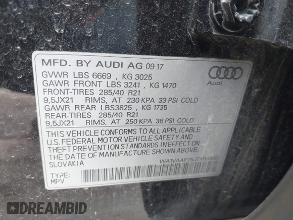 2018 Audi Q7 Prestige z VIN WA1VAAF75JD013490, wystawiony jako IAAI lot #42188029 z przebiegiem 124 894 mil mil oraz . Historia ofert i sprzedaży dostępna na DreamBid. Obrazek 9.