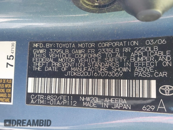 2006 Toyota Prius with VIN JTDKB20U167073069, listed as a IAAI auction lot 41886556 with 122,945 mi miles. Bid and sale history available at carsss.com. Image 9.
