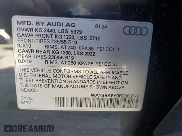 2024 Audi Q5 Premium Plus with VIN WA1BBAFY9R2063776, listed as a Copart auction lot 61252035 with 2,813 mi miles and Salvage title. Bid and sale history available at DreamBid. Image 13.