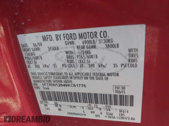 2009 Ford F-150 XL with VIN 1FTRW12849KC61776, listed as a IAAI auction lot 42382245 with 168,810 mi miles and . Bid and sale history available at DreamBid. Image 9.