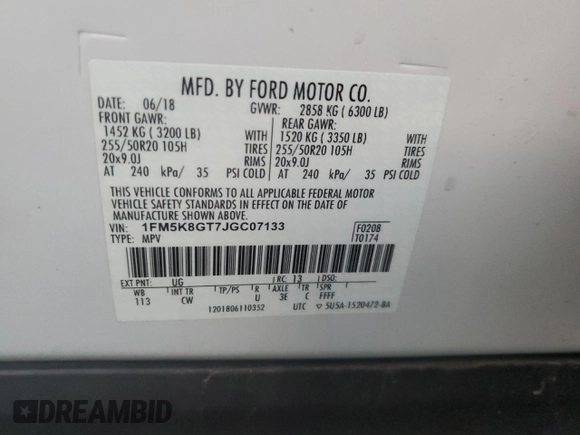 2018 Ford Explorer Sport with VIN 1FM5K8GT7JGC07133, listed as a Copart auction lot 58251535 with 73,505 mi miles and Non repairable. Bid and sale history available at DreamBid. Image 13.
