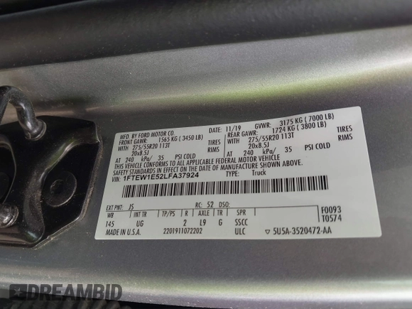 2020 Ford F-150 XL with VIN 1FTEW1E52LFA37924, listed as a IAAI auction lot 42269012 with Not provided miles and . Bid and sale history available at DreamBid. Image 9.
