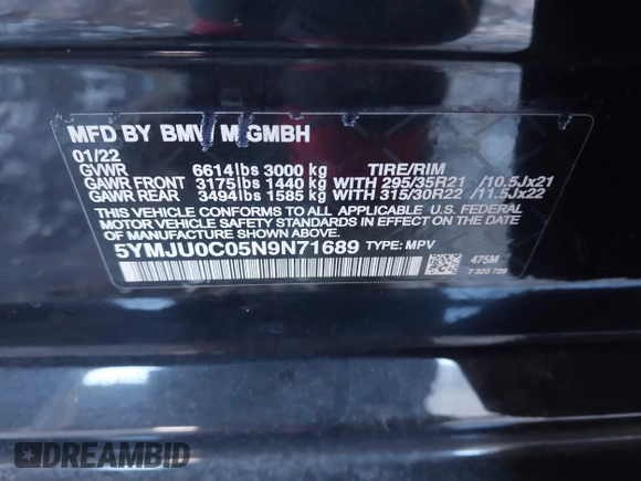 2022 BMW X5 M z VIN 5YMJU0C06N9L14251, wystawiony jako IAAI lot #40388936 z przebiegiem 59 561 mil mil oraz . Historia ofert i sprzedaży dostępna na DreamBid. Obrazek 9.