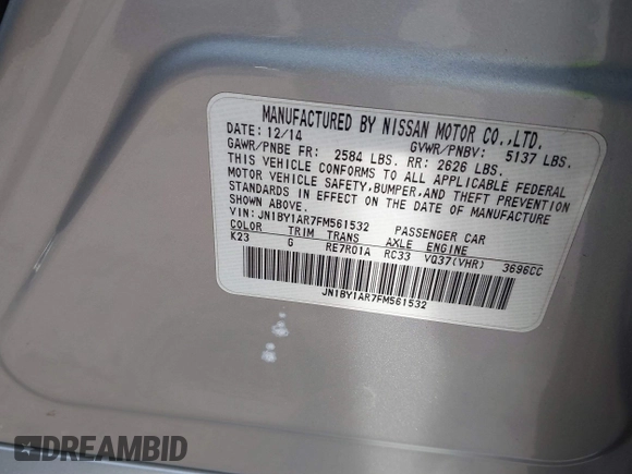 2015 Infiniti Q70 с VIN JN1BY1AR7FM561532, выставлен на аукционе IAAI как лот 41375898 с пробегом 130 565 миль миль и . История ставок и продаж доступна на DreamBid. Изображение 9.