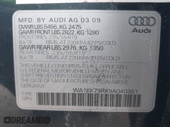 2009 Audi Q5 Premium Plus z VIN WA1KK78RX9A040361, wystawiony jako IAAI lot #41864443 z przebiegiem 81 290 mil mil oraz . Historia ofert i sprzedaży dostępna na DreamBid. Obrazek 9.