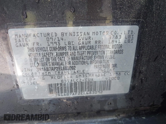 2014 Nissan Sentra SR z VIN 3N1AB7AP2EL683092, wystawiony jako IAAI lot #42403326 z przebiegiem 149 452 mil mil oraz . Historia ofert i sprzedaży dostępna na DreamBid. Obrazek 9.