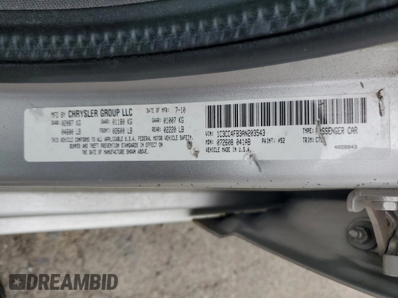 2010 Chrysler Sebring Touring z VIN 1C3CC4FB3AN203543, wystawiony jako Copart lot #57767985 z przebiegiem 152 951 mil mil oraz Szkoda całkowita • Salvage title. Historia ofert i sprzedaży dostępna na DreamBid. Obrazek 12.