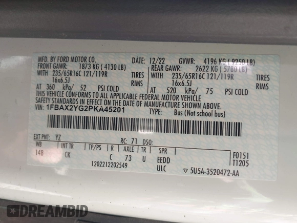 2023 Ford Transit Passenger XL with VIN 1FBAX2YG2PKA45201, listed as a IAAI auction lot 41796428 with 34,040 mi miles and . Bid and sale history available at DreamBid. Image 9.