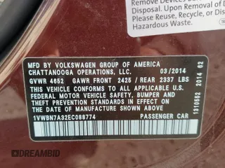 2014 Volkswagen Passat SE with VIN 1VWBN7A32EC088774, listed as a Copart auction lot 60753755 with 124,660 mi miles and Salvage title. Bid and sale history available at DreamBid. Image 12.