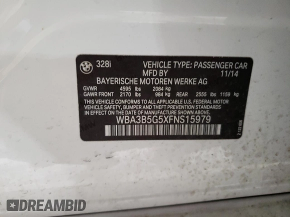 2015 BMW 3 Series 328i xDrive with VIN WBA3B5G5XFNS15979, listed as a Copart auction lot 47359215 with 125,279 mi miles and Salvage Title. Bid and sale history available at carsss.com. Image 12.