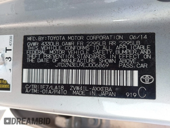 2014 Toyota Prius Two z VIN JTDZN3EU9EJ006869, wystawiony jako IAAI lot #41760598 z przebiegiem 137 514 mil mil oraz . Historia ofert i sprzedaży dostępna na DreamBid. Obrazek 9.