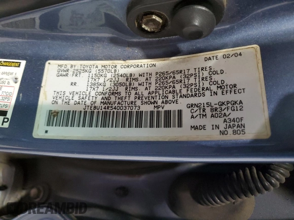 2004 Toyota 4Runner SR5 with VIN JTEBU14R540037073, listed as a Copart auction lot 43464725 with 236,201 mi miles and Salvage Title. Bid and sale history available at DreamBid. Image 15.