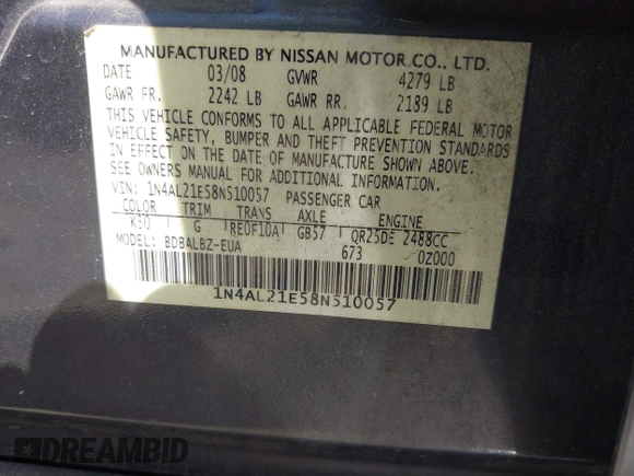 2008 Nissan Altima SL with VIN 1N4AL21E58N510057, listed as a IAAI auction lot 41779697 with Not Provided miles and . Bid and sale history available at DreamBid. Image 9.